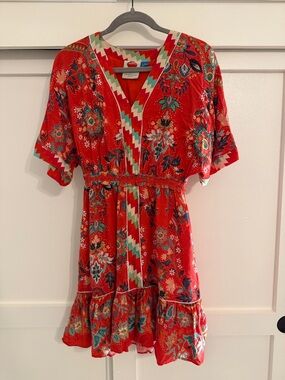 Farm Rio Red Floral V-Neck Ruffled Dress